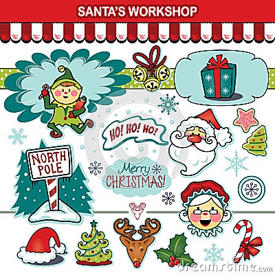 Santaâ€™s workshop Christmas holiday collection Vector Illustration
